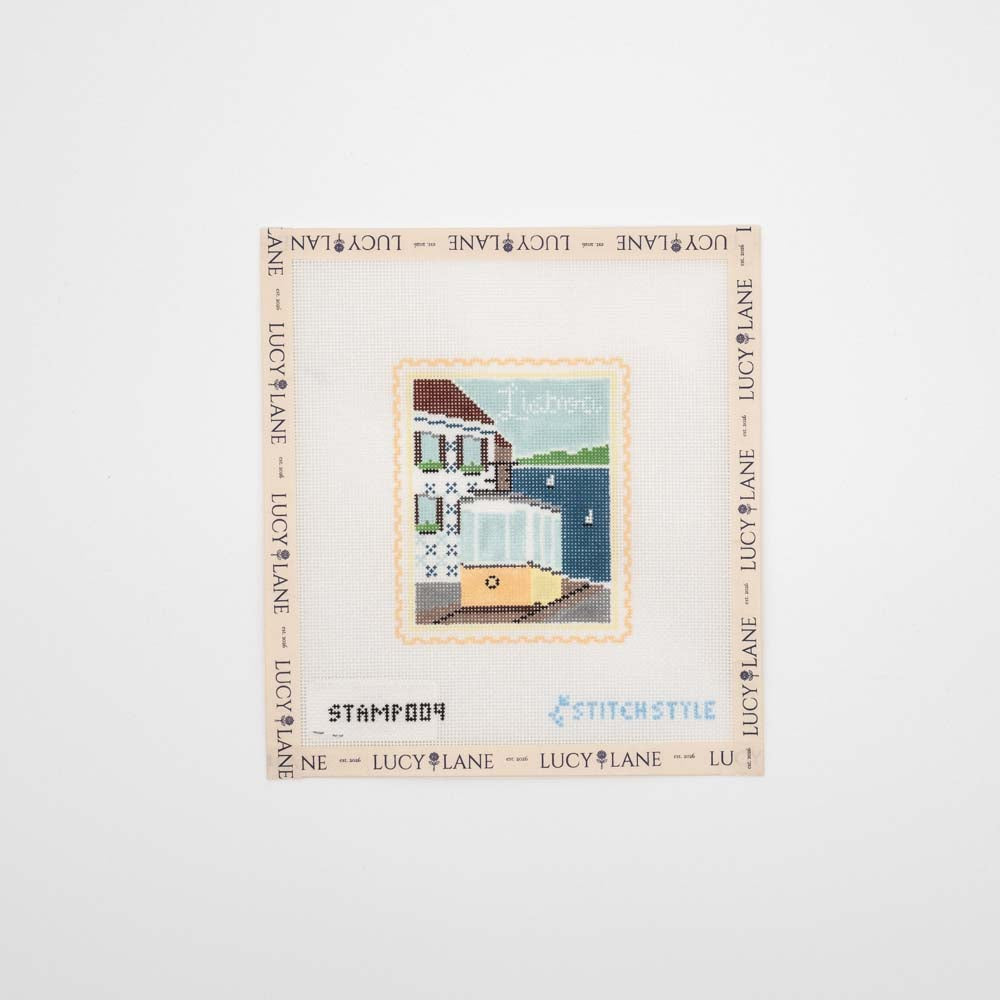 Lisbon Tram Travel Stamp Canvas - Stitch Style